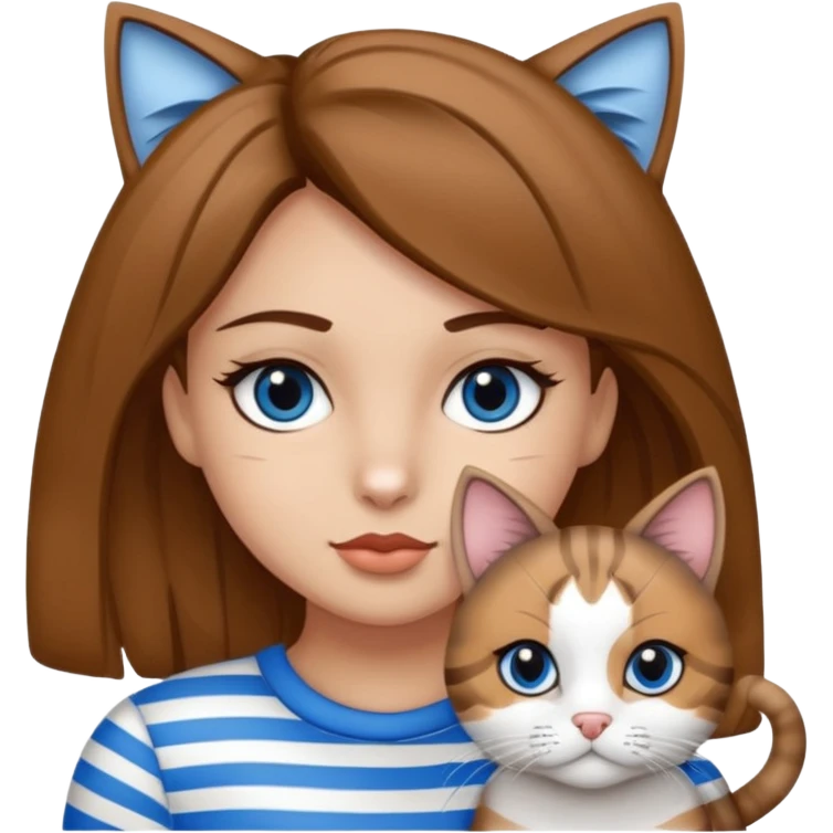 Haz un emoji de una chica con piel clara, ojos marrones, cabello castaño, rizado, cargando a un gato blanco con rayas negras y grises con ojos azules  emoji