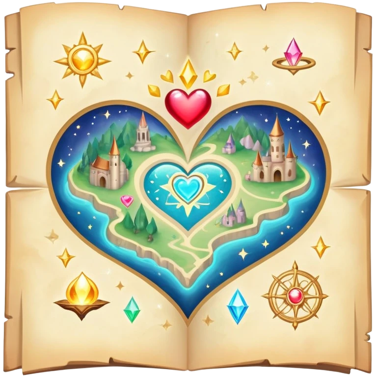 Enchanted floating folded map surrounded by magical sparkles and heart-shaped auras, mystical love journey map emoji
