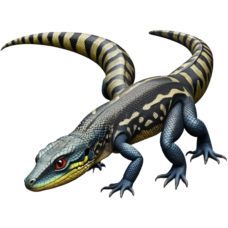 cinematic-monitor-lizard-realistic-full-body-standing on all fours-emoji,-long-powerful-tail-dragging-slightly-behind,-sleek-scaled-body-textured-with-rich-patterns and stripes,-head-tilted-dramatically,-dark-intense-eyes-observing-its-surroundings,-simplified-yet-realistic-focused-features,-highly-detailed,-glowing-with-an-almost-sarcastic-glow emoji