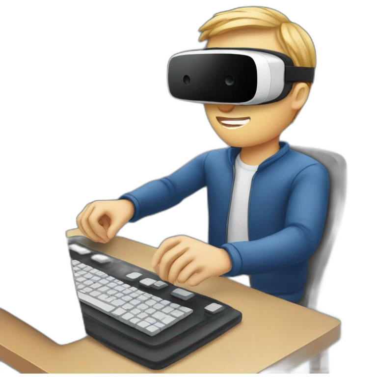 white guy wearing vr headset, typing on keyboard, eating microwave dinner emoji