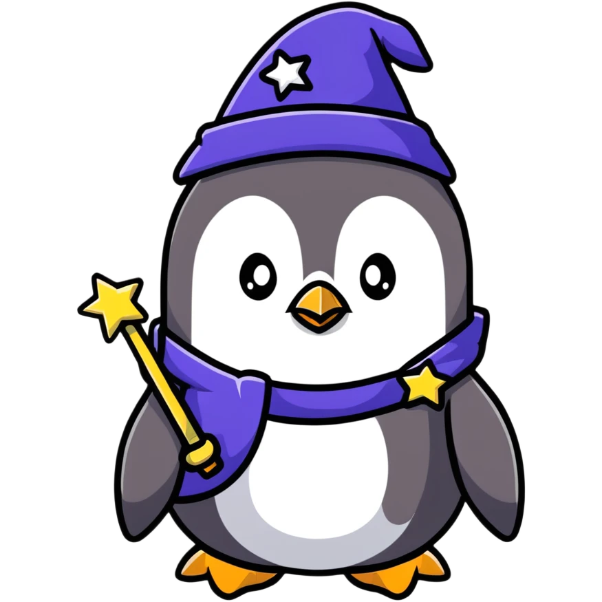 Cute penguin in a wizard costume with stars and magic emoji