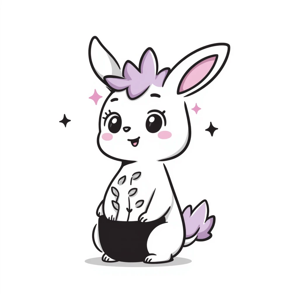 Kawaii bunny plant dragon in Samriel style, tiny spikes, extremely cute, exaggerated proportions, huge sparkly eyes, soft rounded shapes, blushing cheeks, pastel colors with pink and purple tones, delicate linework, small mouth, adorable expression, slightly sketchy lines but clean overall look emoji