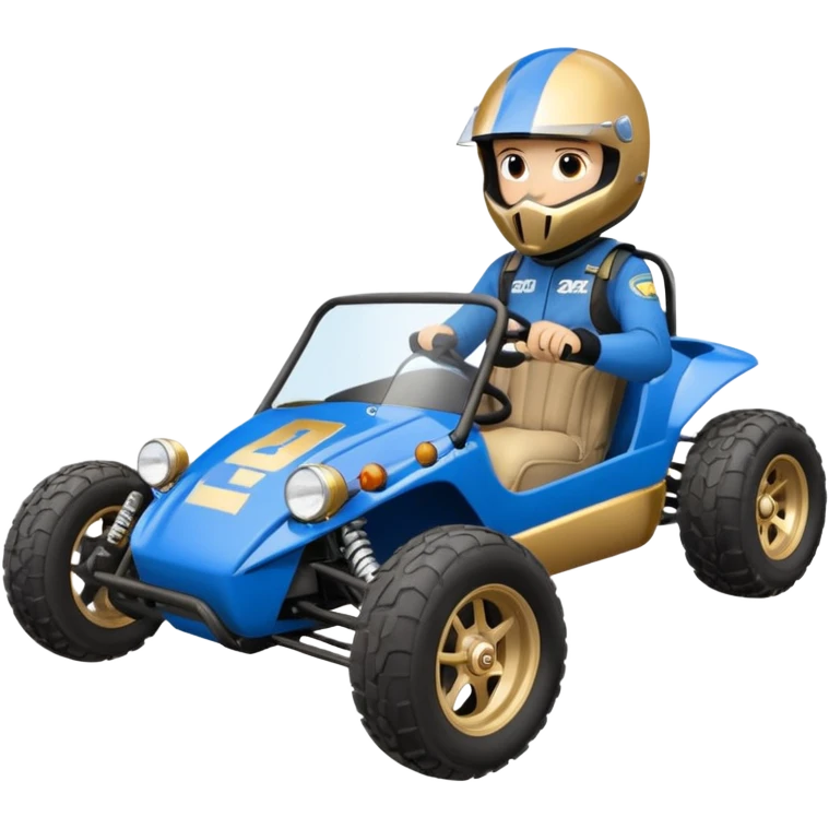 A small blue and gold dune buggy featuring a driver in a motorcycle helmet, with the word "BAJA" displayed on the side panel. emoji