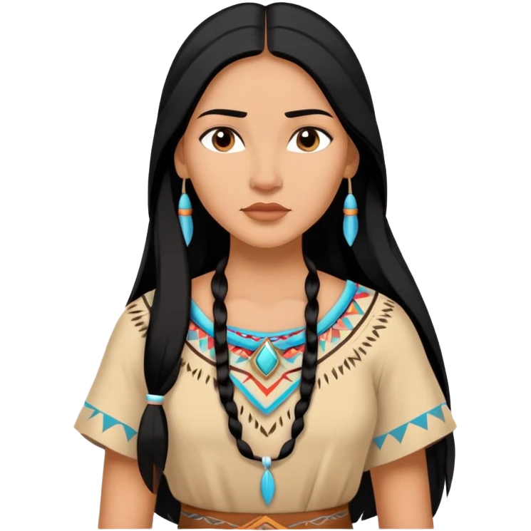 Pocahontas from hips up, Native American dress, long black hair, minimal style, larger size emoji