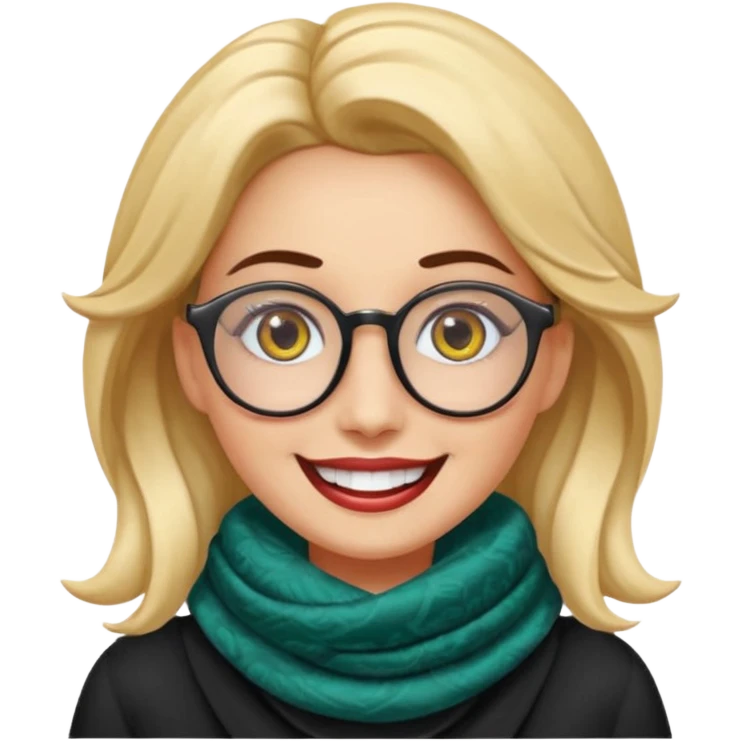 Emoji estilo WhatsApp de una mujer sonriente con rostro ovalado, piel clara, ojos grandes y oscuros, cejas gruesas arqueadas, gafas grandes redondeadas, rizos voluminosos oscuros, bufanda colorida y expresión tierna. Colores limpios, contornos suaves y fondo transparente. emoji