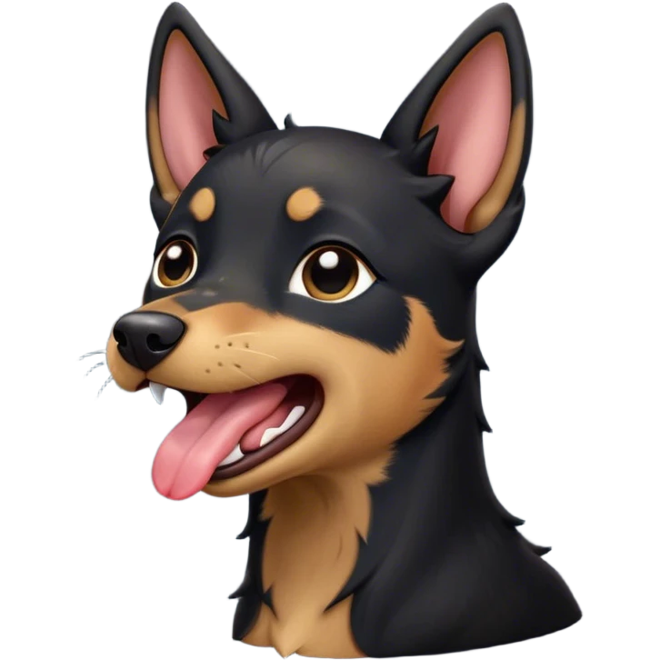 Cinematic Cute Yawning Black and Tan Kelpie Portrait Emoji, Head tilted slightly with a dramatic, wide-open yawn, showcasing a smooth black Fur with distinct tan accents, floppy ears slightly drooping, round dark eyes barely open in drowsy contentment, Simplified yet irresistibly adorable features, highly detailed, glowing with a soft, cozy glow, high shine, relaxed yet expressive, stylized with a touch of whimsy, bright and endearing, soft glowing outline, capturing the essence of a sleepy yet affectionate herder, so drowsy it feels like it could stretch out of the screen and curl up for a nap! emoji