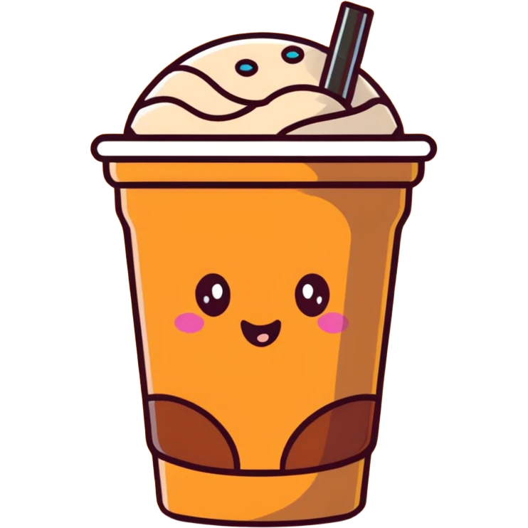 brown milk tea with a happy expression and boba pearls, different cup shape, soft mocha pastel tones, kawaii emoji