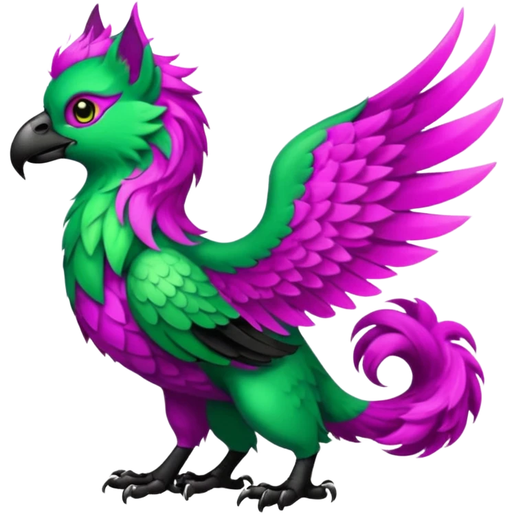 Emerald-green gryphon with a long tufted tail, black beak, magenta swirly pattern markings, black claws, black tail, majestic, realistic, furry (full body) emoji
