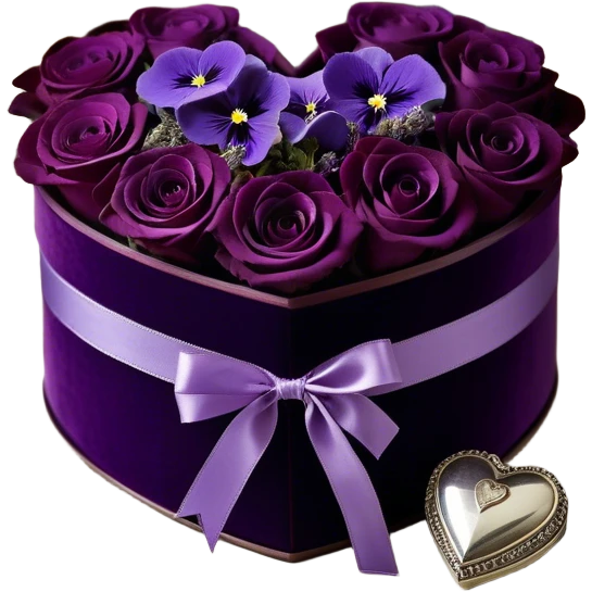 A vintage-inspired heart-shaped velvet box, wrapped with a rich plum silk ribbon, rests beside a delicate arrangement of soft purple roses, lavender sprigs, and dark amethyst pansies. Under the moonlight, tiny silver stars glimmer on the box’s lid, reflecting the romantic glow of an ornate candlestick standing nearby. emoji