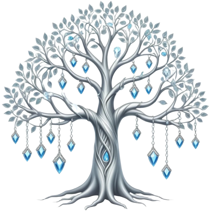 Spiritual magical ethereal silver tree with crystals hanging in it emoji