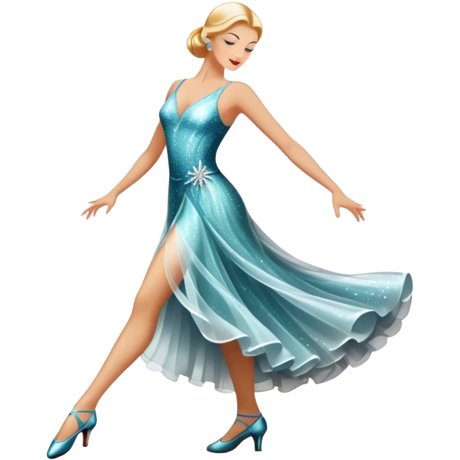 Humanless Icon for Ballroom Dance: elegant ballroom dance shoes, a sparkling dress, and a dance floor with a spotlight. The icon should capture the grace and elegance of ballroom dancing, with emphasis on movement and rhythm. Transparent background. emoji