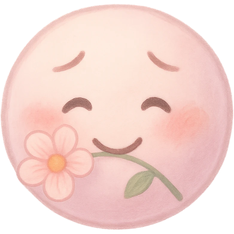 pretty pink emoji face with a flower held gently in its mouth, sweet and bashful expression, soft pastel colors emoji