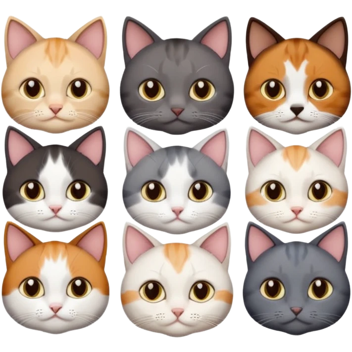 5 different coloured short haired cats including; a dark brown and white cat, and a dark grey and white, and a calico emoji