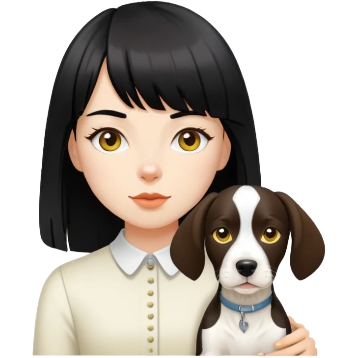 girl with long black  straight bangs hair and tococo a Springer dog  and yellow bull terrier emoji
