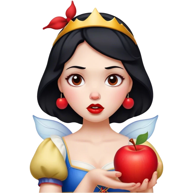 Cinematic Funny Snow White Portrait Emoji, Holding an apple with a suspicious expression, one eyebrow raised, lips pursed as if questioning her life choices, a hilariously relatable fairy tale moment! emoji