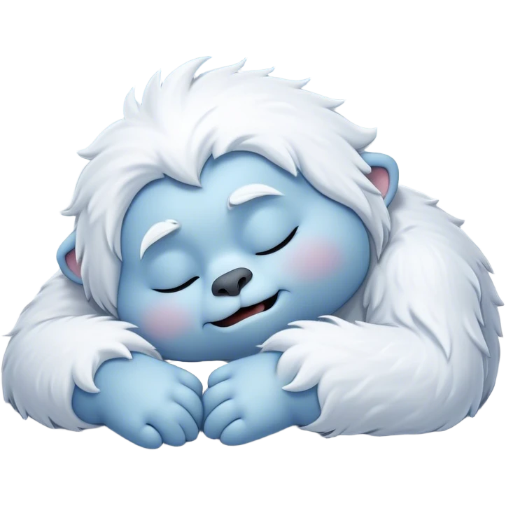 Meme-Worthy Cute Sleeping Yeti Portrait Emoji, with a charming, fluffy, snow-dusted figure in gentle whites and cool blues, head resting in blissful, serene slumber with closed, peaceful eyes and a small, contented smile, simplified yet irresistibly adorable, highly detailed with a soft frosty outline that captures the tender drowsiness of a yeti drifting into snowy dreams! emoji