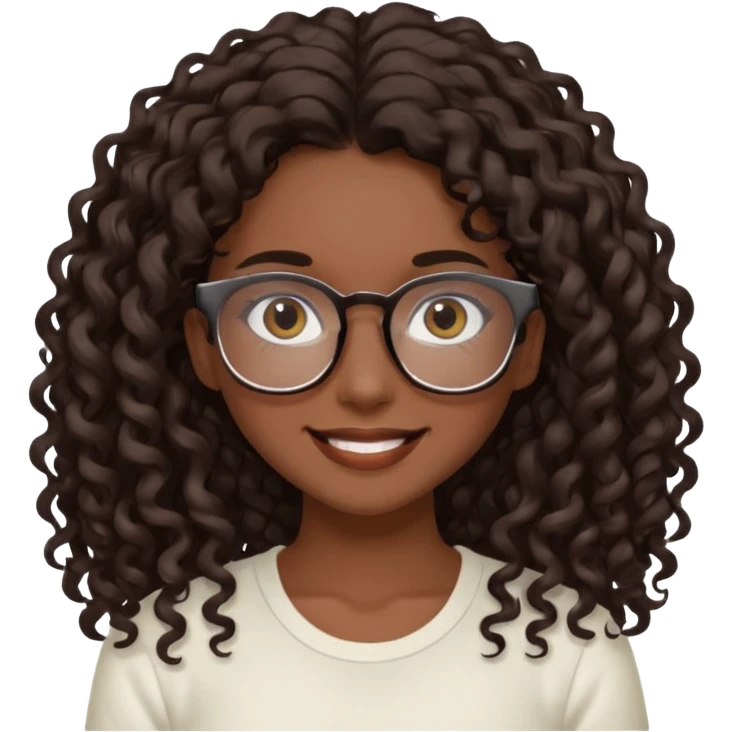 aesthetic white girl with dark brown, long curly hair, she wears an offwhite top and wears square glasses and her eyes are black emoji
