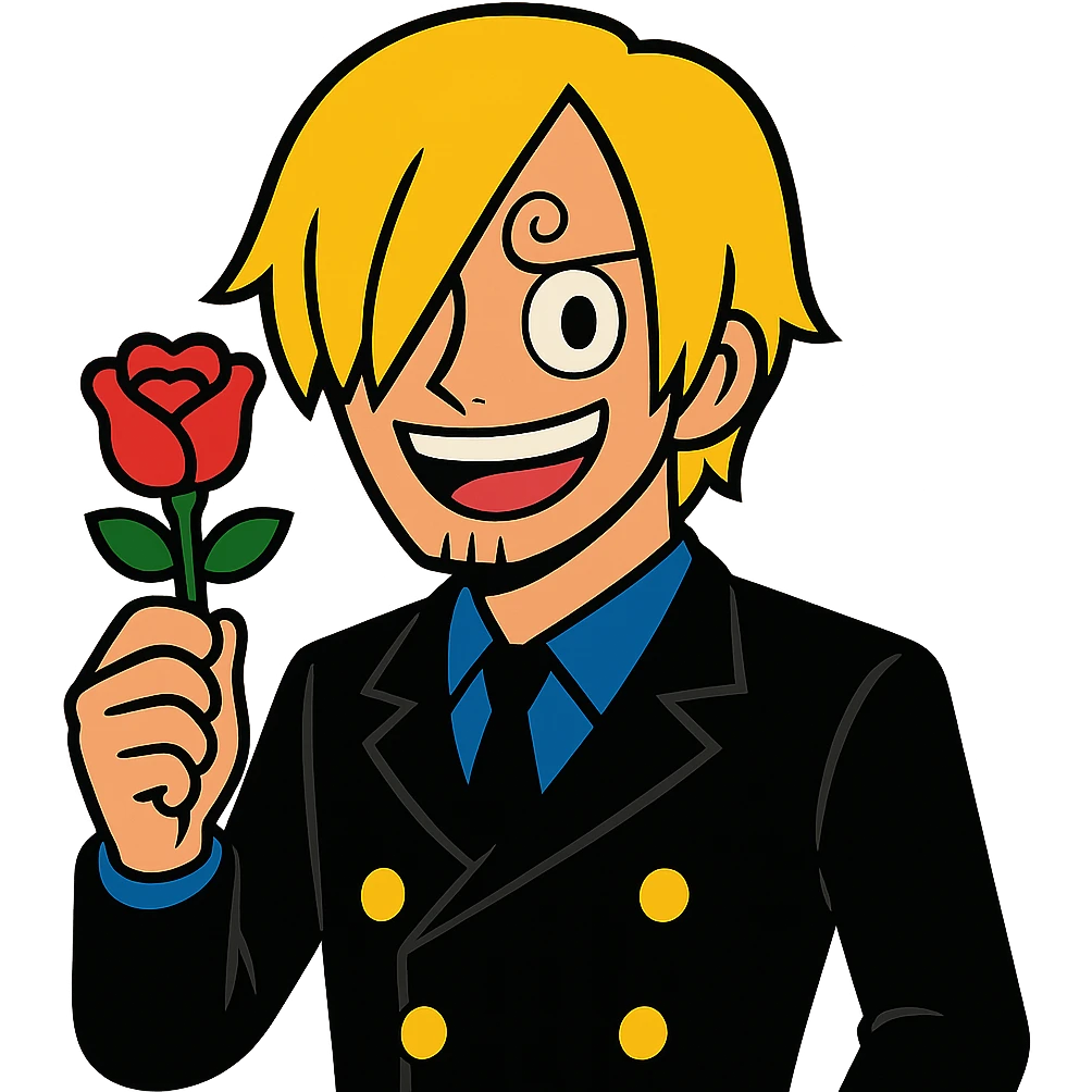 cartoon style Sanji from One Piece, curly eyebrow, blond hair, black suit, smiling, holding a rose emoji