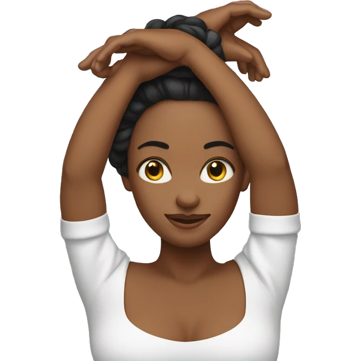 woman with both hands above her head, formed into a tria emoji