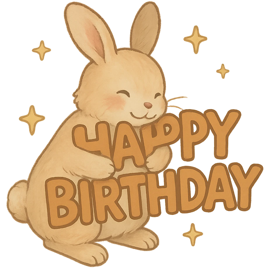 bunny hugging "Happy Birthday" letters with stars, soft Ghibli style emoji