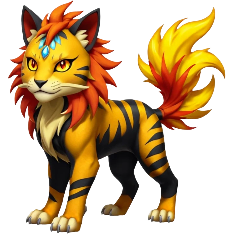 Volcanic Fiery Shiny Legendary Epic Badass Evil Colorful exotic dark-colored, vibrant, golden, burning, badass, cool, realistic Pyroar-Sprigatito-Torracat-Luxray-Tigress-Solgaleo-Liger-Hybrid-Fakémon-Pokémon-Hybrid-Creature (full body) emoji