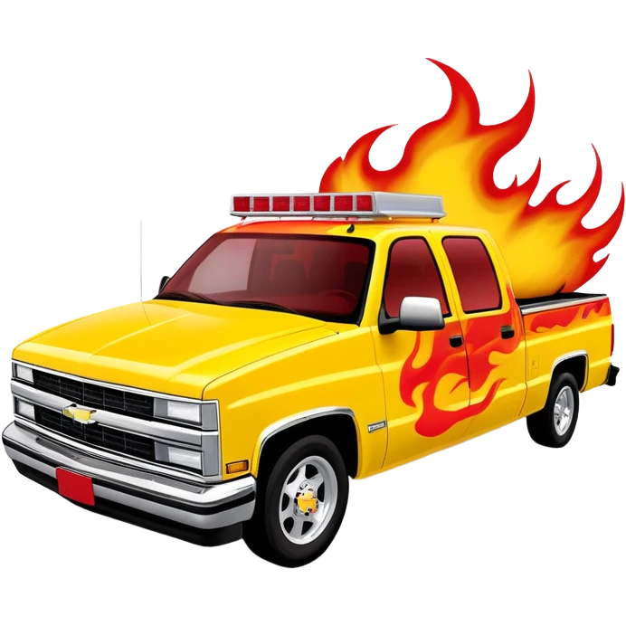 Yellow 1997 Chevrolet C-2500 Crew Cab with dramatic airbrushed red flame artwork flowing from front to sides, detailed flame design exactly like Kill Bill's Pussy Wagon, 30-degree view, iOS emoji style emoji