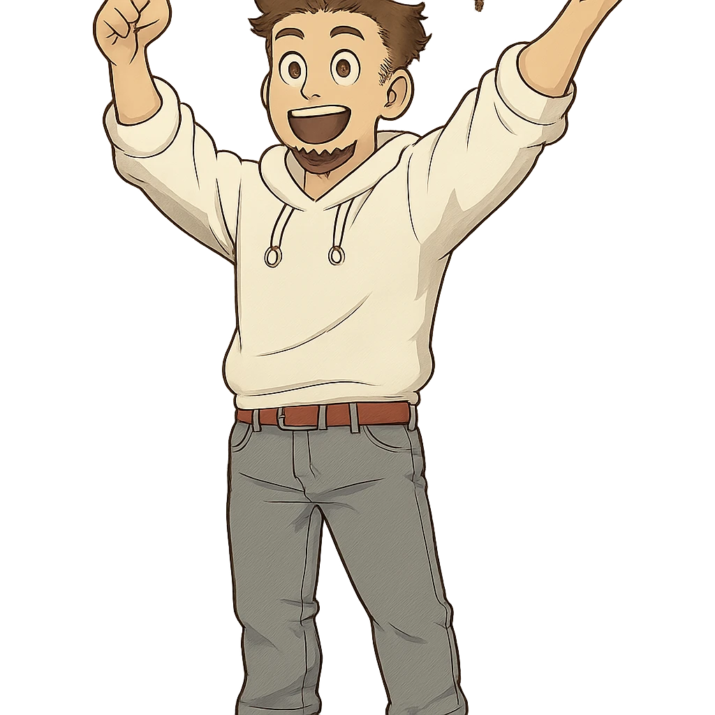 1 male, mid fade haircut dark chestnut brown curly hair, toasted lightskin, white hoodie sleeves up, gray fashion jeans, red fashion-sneakers shoes, red belt, short trimmed beard and goatee,  style of deku from "my hero academia",  "happy!" pose emoji