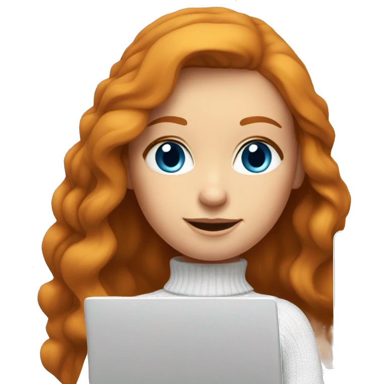 ginger girl with long hair and blue eyes in turtle neck white sweater working on a laptop emoji