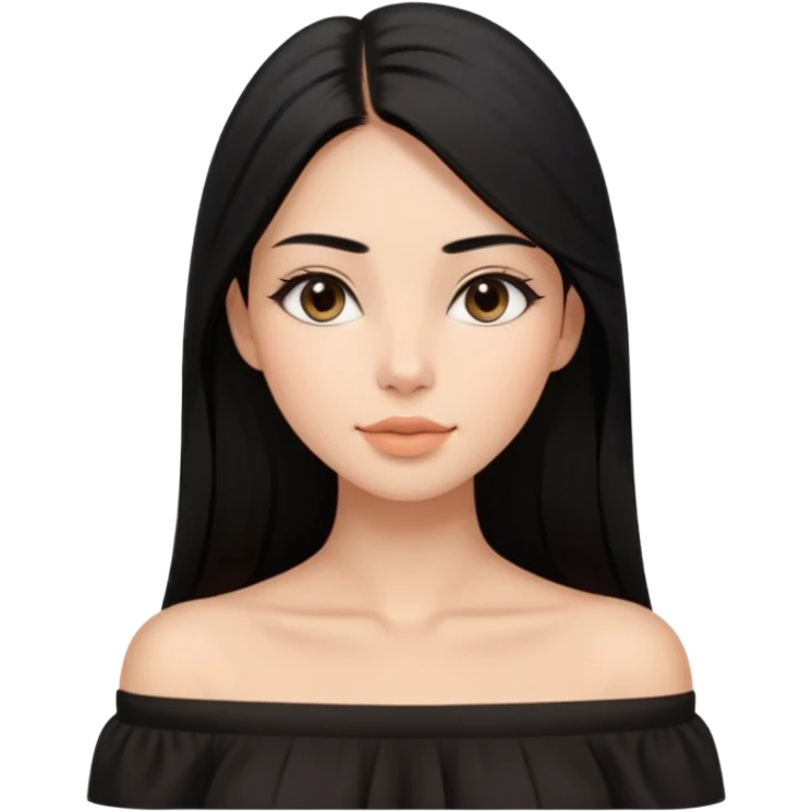 A realistic 3D avatar of a young woman with a soft oval face, slim cheeks, natural almond eyes, long straight black hair, minimal makeup, wearing a black off-shoulder top, elegant and aesthetic, tanned skintone. emoji
