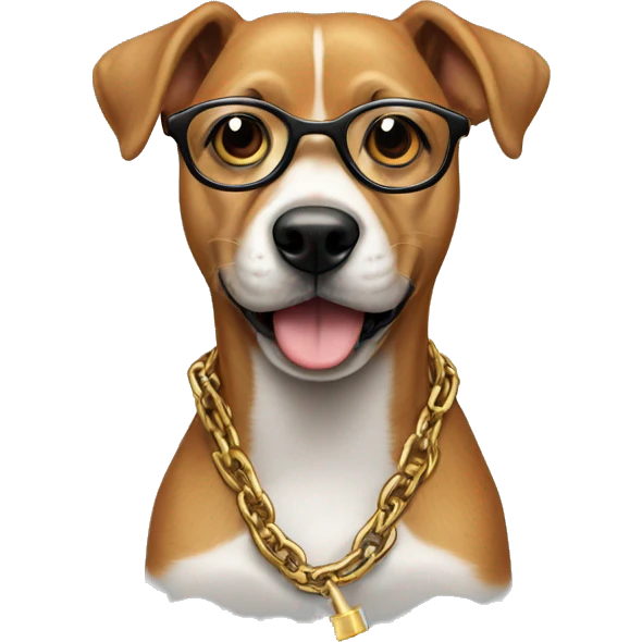 A dog wearing specs and cigarette in mouth with chain in neck emoji