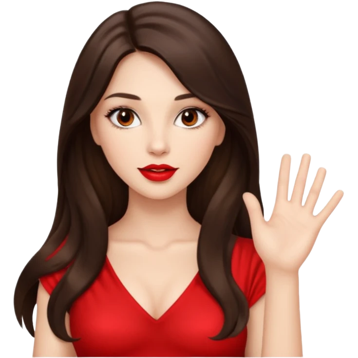 Beautiful brunette lady sexy with raised 1 hand, long hair red lips emoji