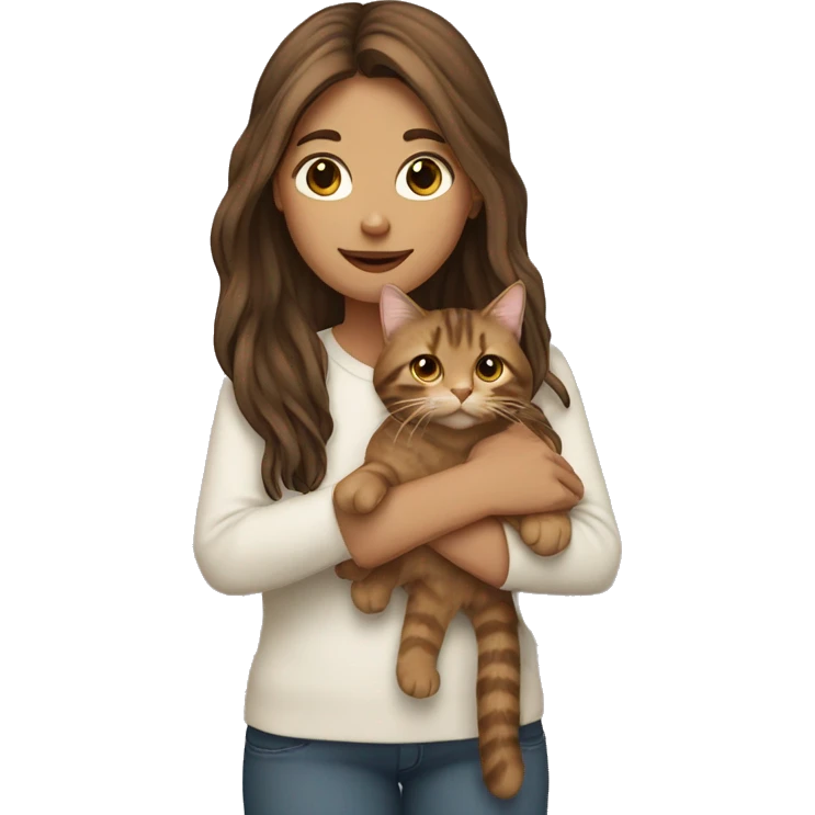 Long brown-haired girl holding long haired tabby cat emoji