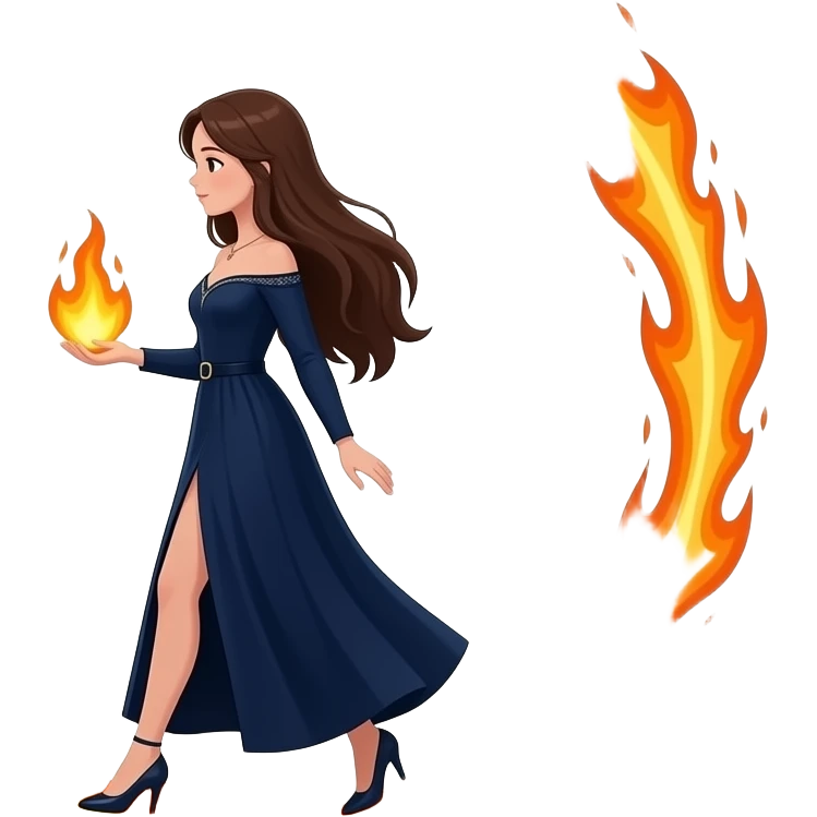 cinematic realistic - an elegant mystical girl in a long dark blue dress carries a small flaming globe in her hand and walks through a huge flaming ring emoji