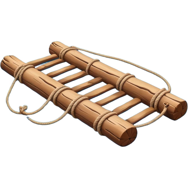 showing a simple wooden raft floating on calm blue water — made of several brown logs tied together with rope — gentle ripples around it — bright, cheerful lighting and soft shadows — minimalist, clean emoji design emoji