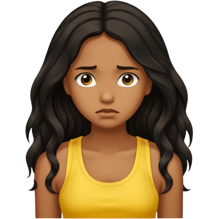 brown pretty bratz girl with long wavy black hair, wearing a yellow tank top. looking sad emoji