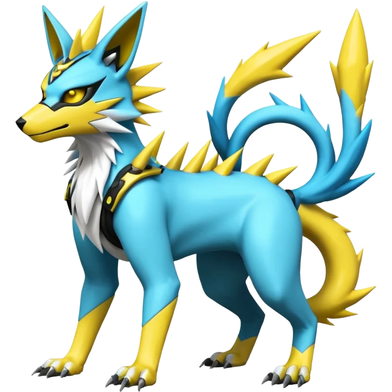 Shiny cyan yellow gothic edgy spiky white electric complex futuristic white-cyber-masked Zeraora-Renamon-Electrike-Umbreon-Lombax-Weregarurumon-fusion-creature (full body emoji