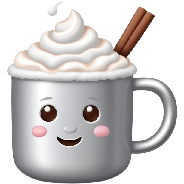hot chocolate in a silver colored mug with marshmallows  emoji