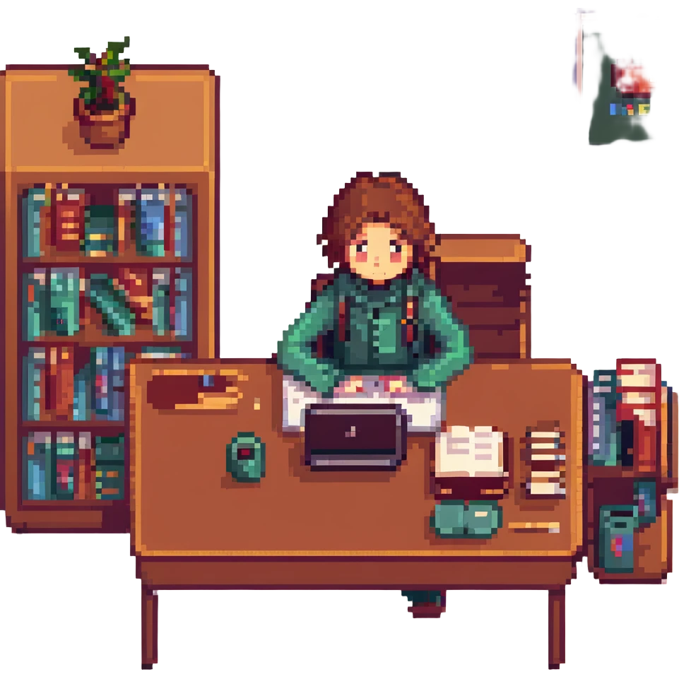 a student sitting at a desk with a laptop and books, learning online, pixel art style emoji