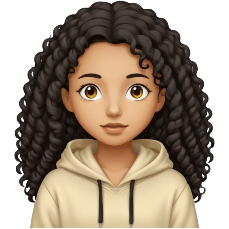 Tan skin girl with black very long curly hair, brown eyes, vanilla colored hoodie emoji