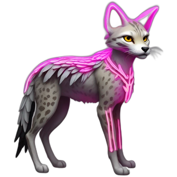 Coyote ocelot standing with grey and black fur and phoenix wings on back and pink ears half skeleton, neon lights emoji