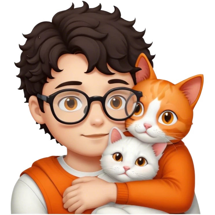 Boy with curl dark hair and glasses hugs white and orange cat emoji