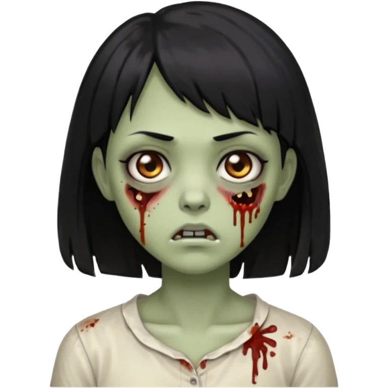 Faça uma zumbi menina com franja cabelo meio comprido abaixo do ombro preto e também com um olhar de cansaço emoji