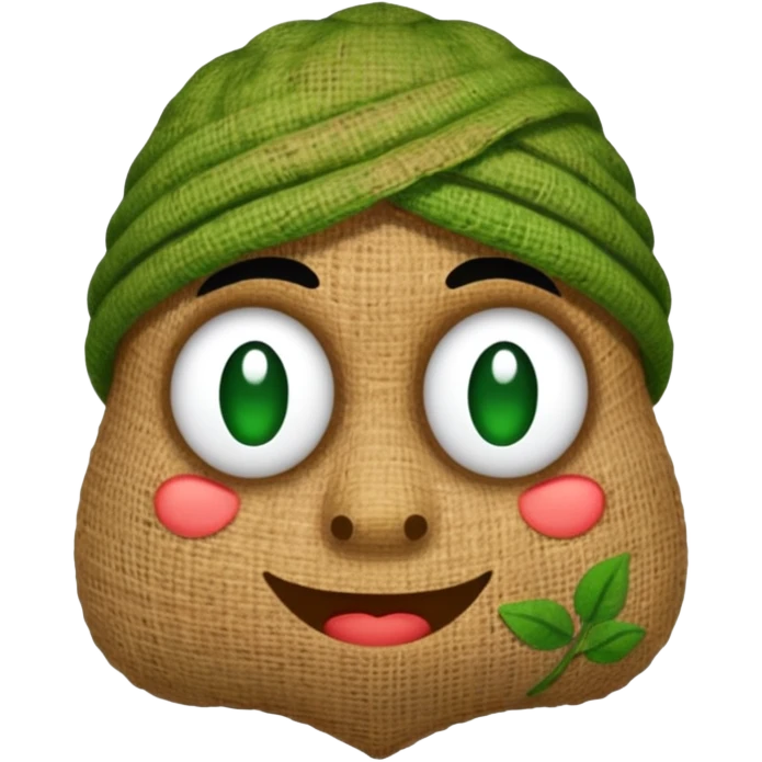 rustic handmade burlap character with green patches and stitched features emoji