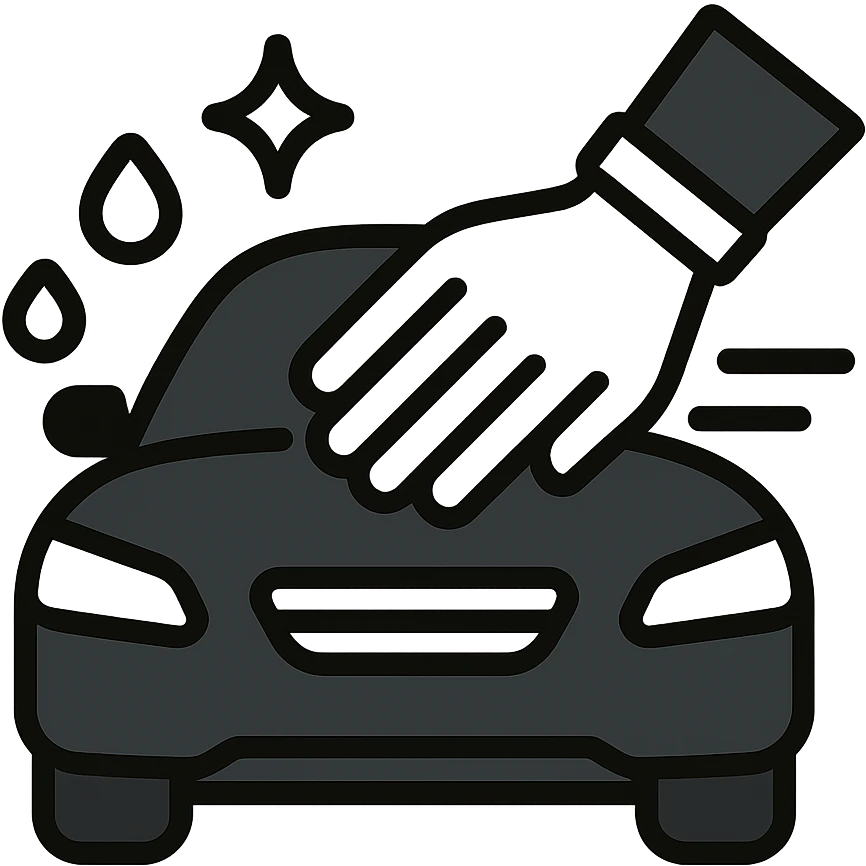 elegant hand with white or black glove on the hood of a high-end car, water drops or shine, main color black with silver or white details, smooth motion lines suggesting cleaning, modern and clean icon emoji