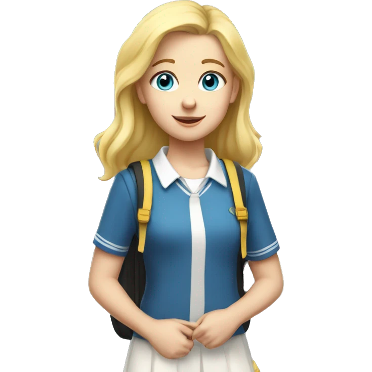 blue eyed, blonde hair white young girl wearing a private school uniform and a yellow backpack  emoji