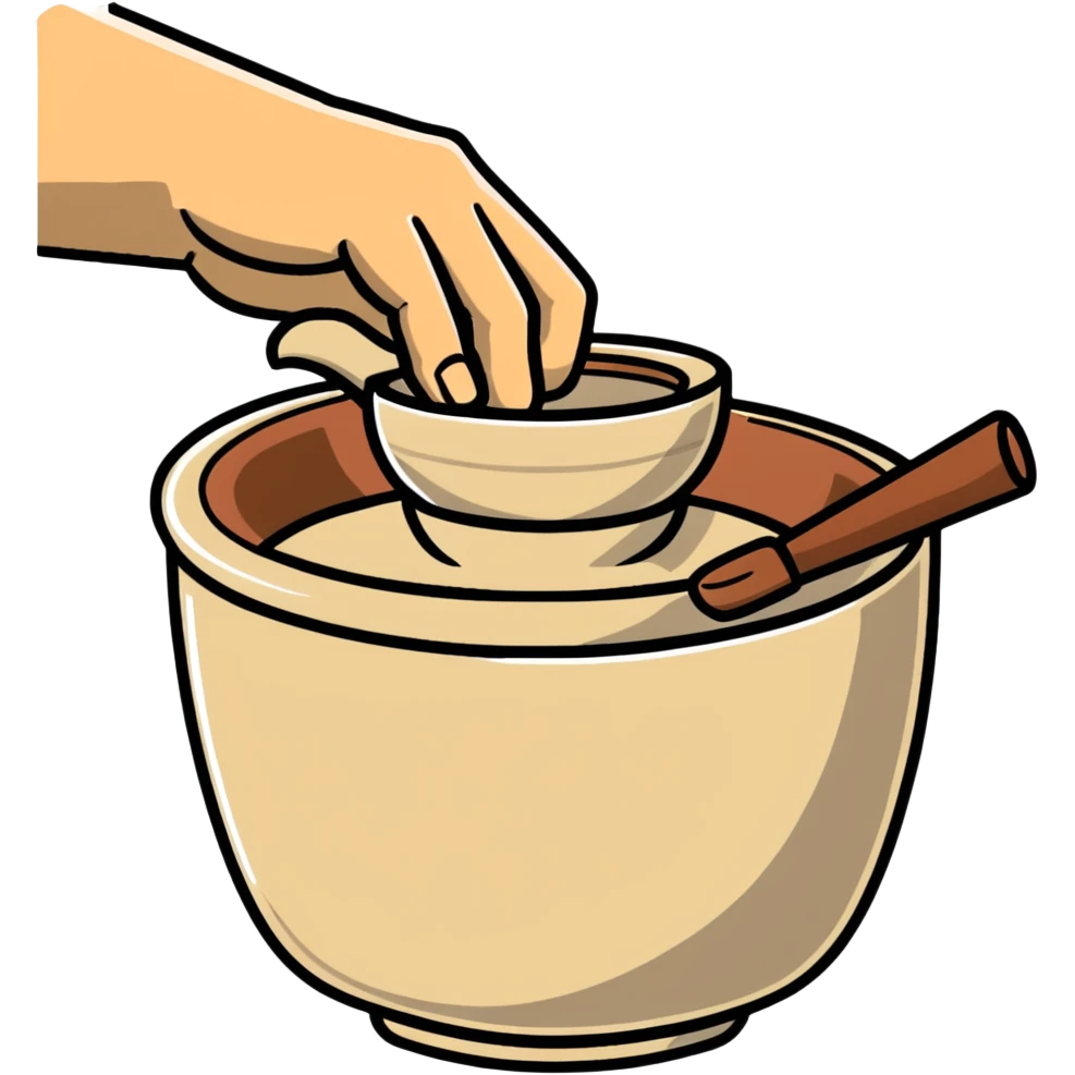 thumb pressing side of clay onto a silver pottery wheel, thumb at the bottom of the clay, pottery gesture emoji
