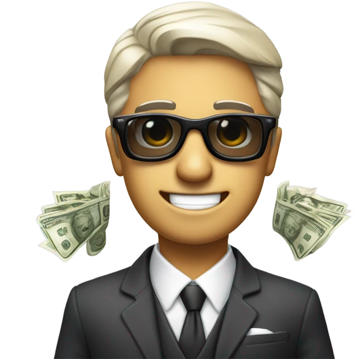 una persona de traje y lentes de sol sosteniendo billetes en sus manos serio emoji