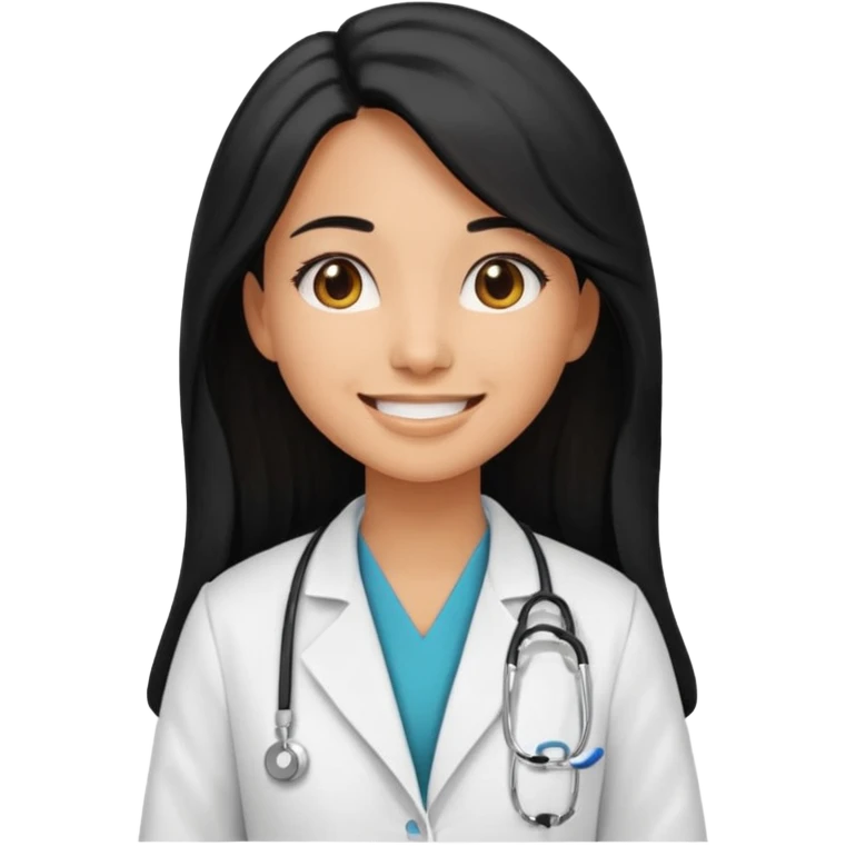 tan skin girl with long black hair, smiling, wearing a doctor's coat, emoji style emoji