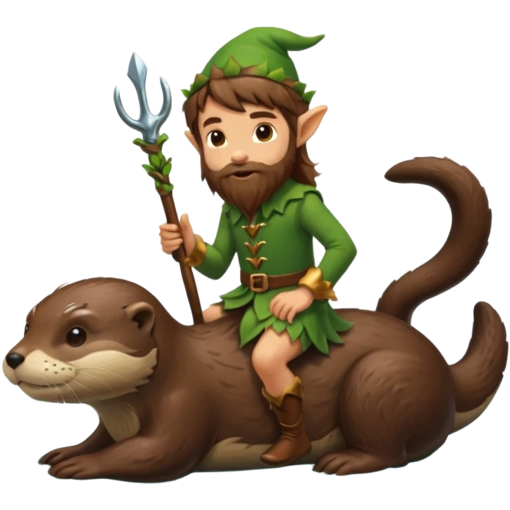 tiny forest elf man long brown hair beard riding an otter emoji