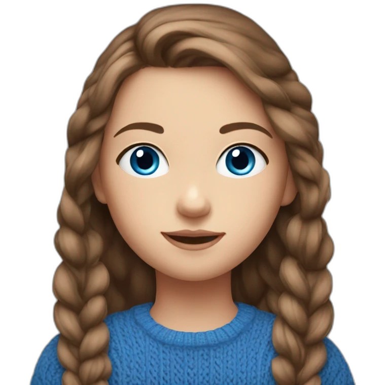 Girl 10 years old. Long brown hair. blue knitted sports sweater, big blue eyes. emoji